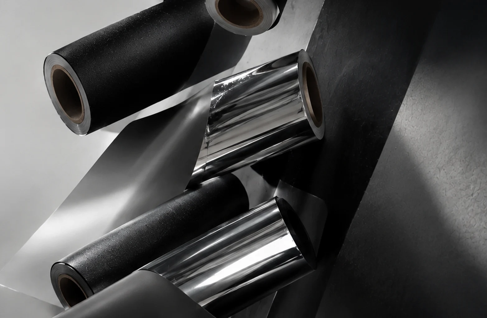 Close-up of premium black and metallic vinyl film rolls